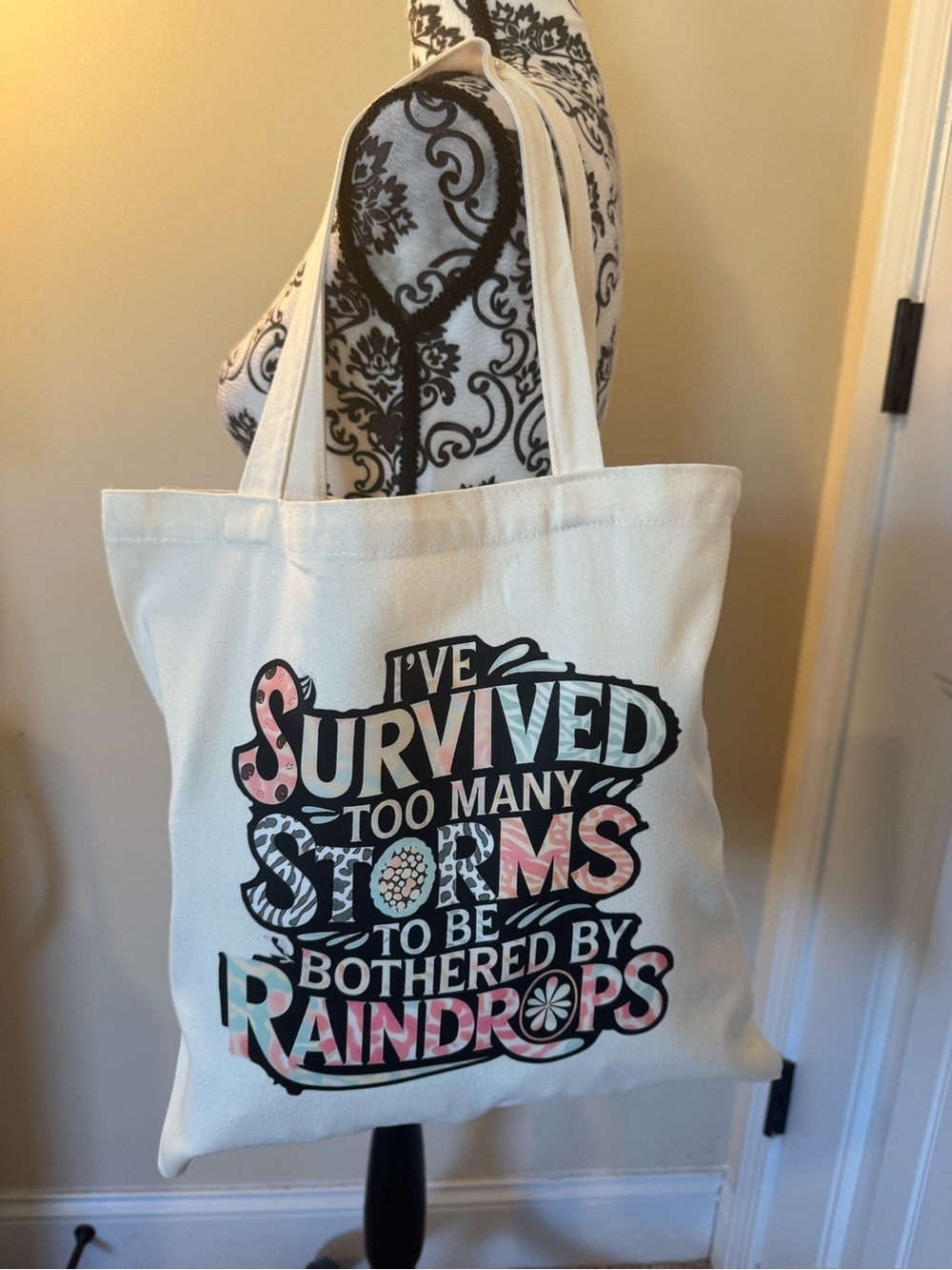 Canvas Tote Bag with Inspirational Raindrops Graphic - Cream New